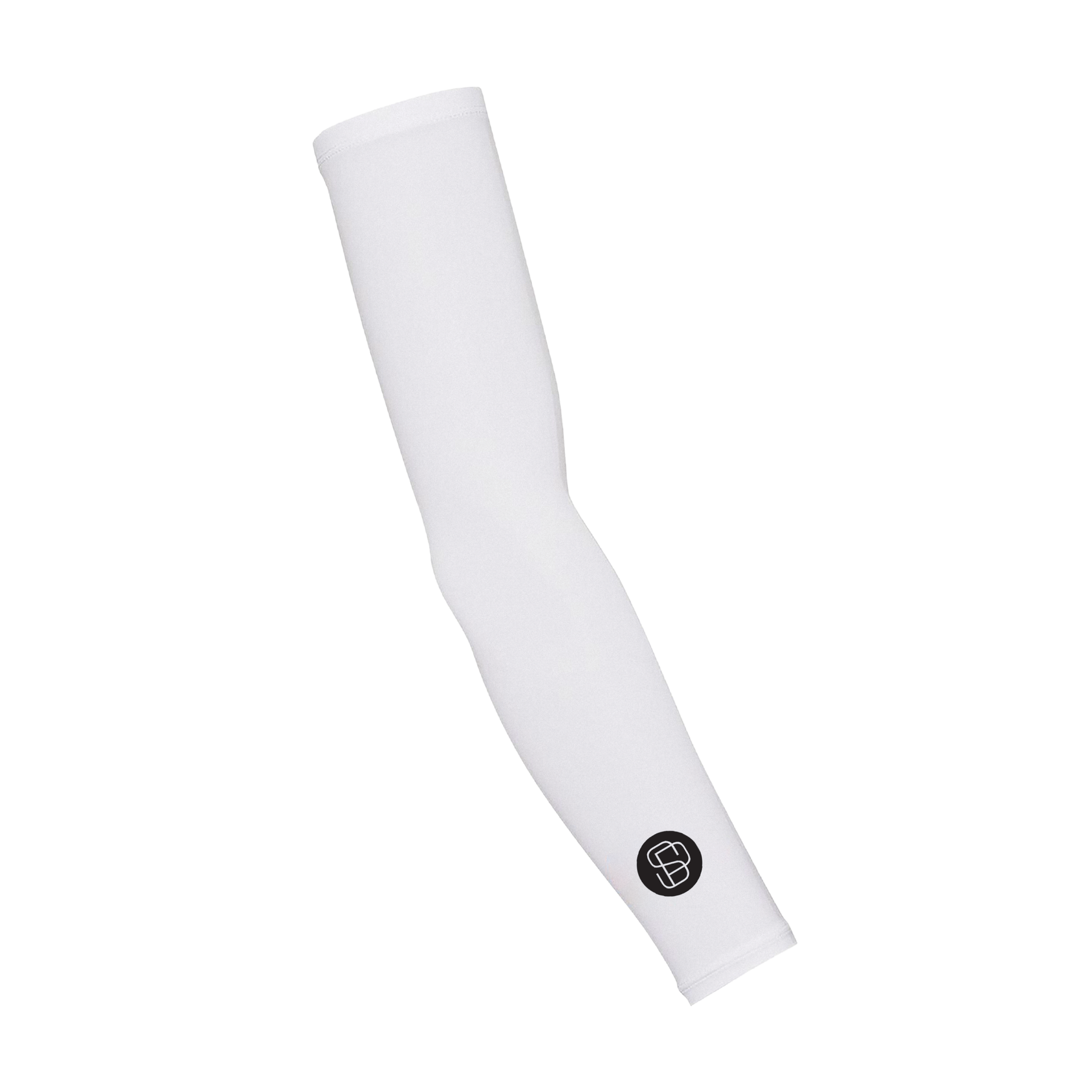 White arm sleeve with a small logo on a white background